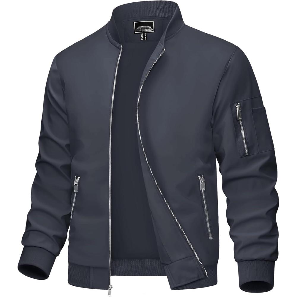 imageMAGCOMSEN Mens Bomber Jacket Lightweight Casual Windbreaker Spring Fall Zip Up Coat with 5 Pocket02 Dark Grey