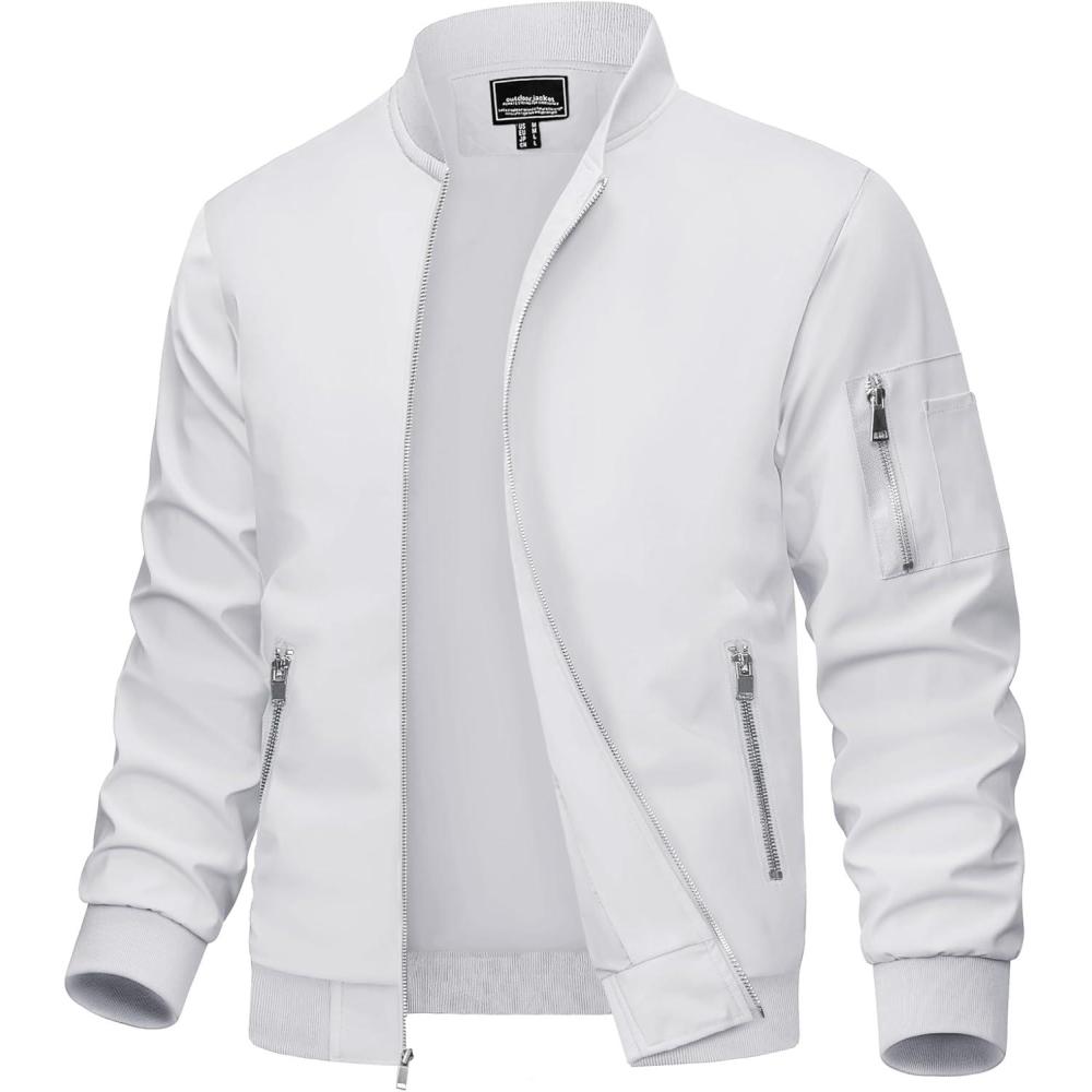 imageMAGCOMSEN Mens Bomber Jacket Lightweight Casual Windbreaker Spring Fall Zip Up Coat with 5 Pocket02 White