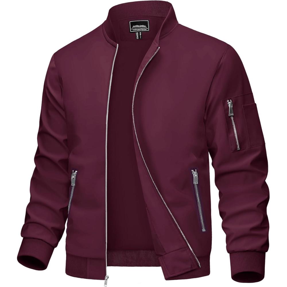 imageMAGCOMSEN Mens Bomber Jacket Lightweight Casual Windbreaker Spring Fall Zip Up Coat with 5 Pocket02 Wine Red