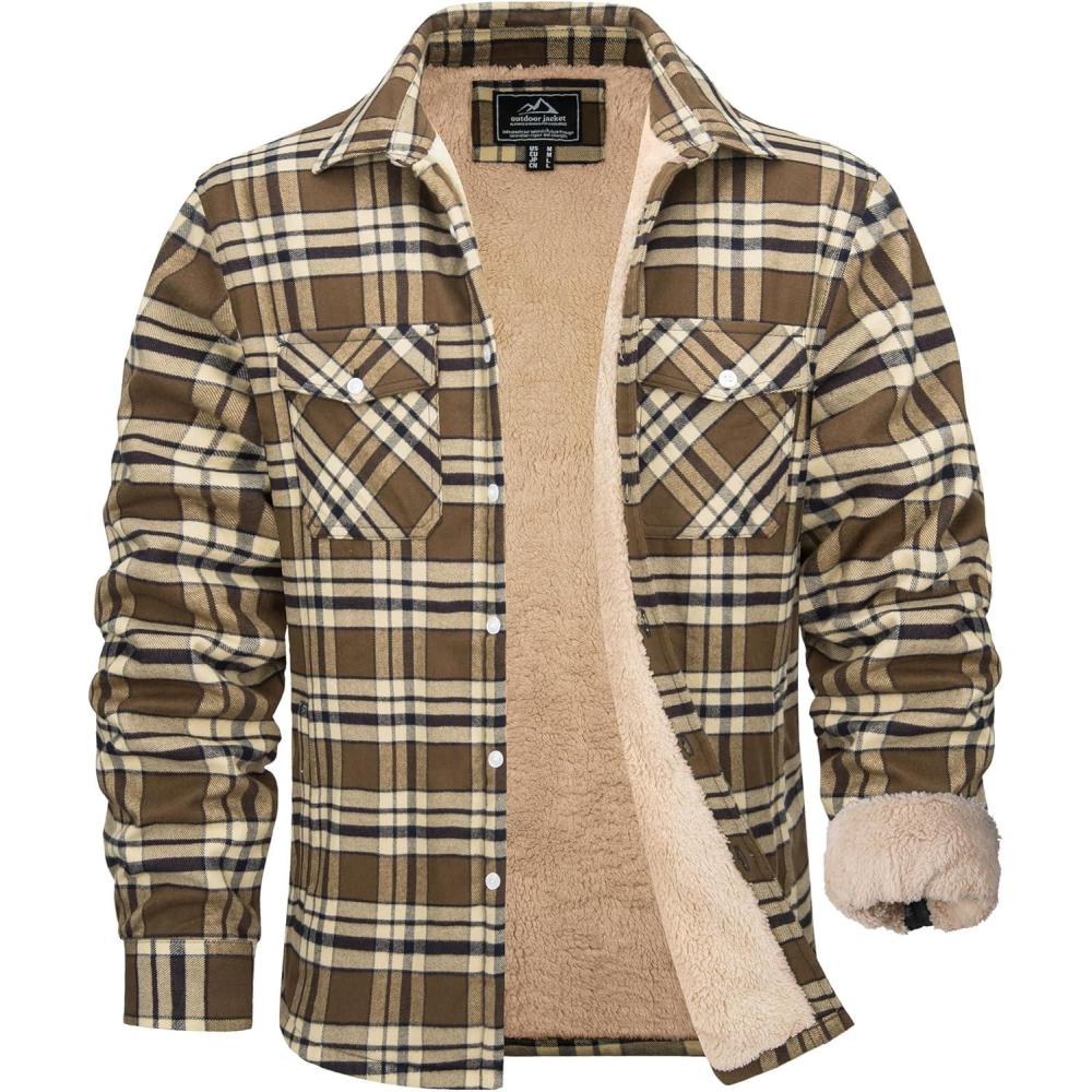 imageMAGCOMSEN Mens Flannel Shirt Fleece Lined Heavyweight Flannel Jacket Cotton Button Up Plaid Shirt Warm Winter CoatBrown