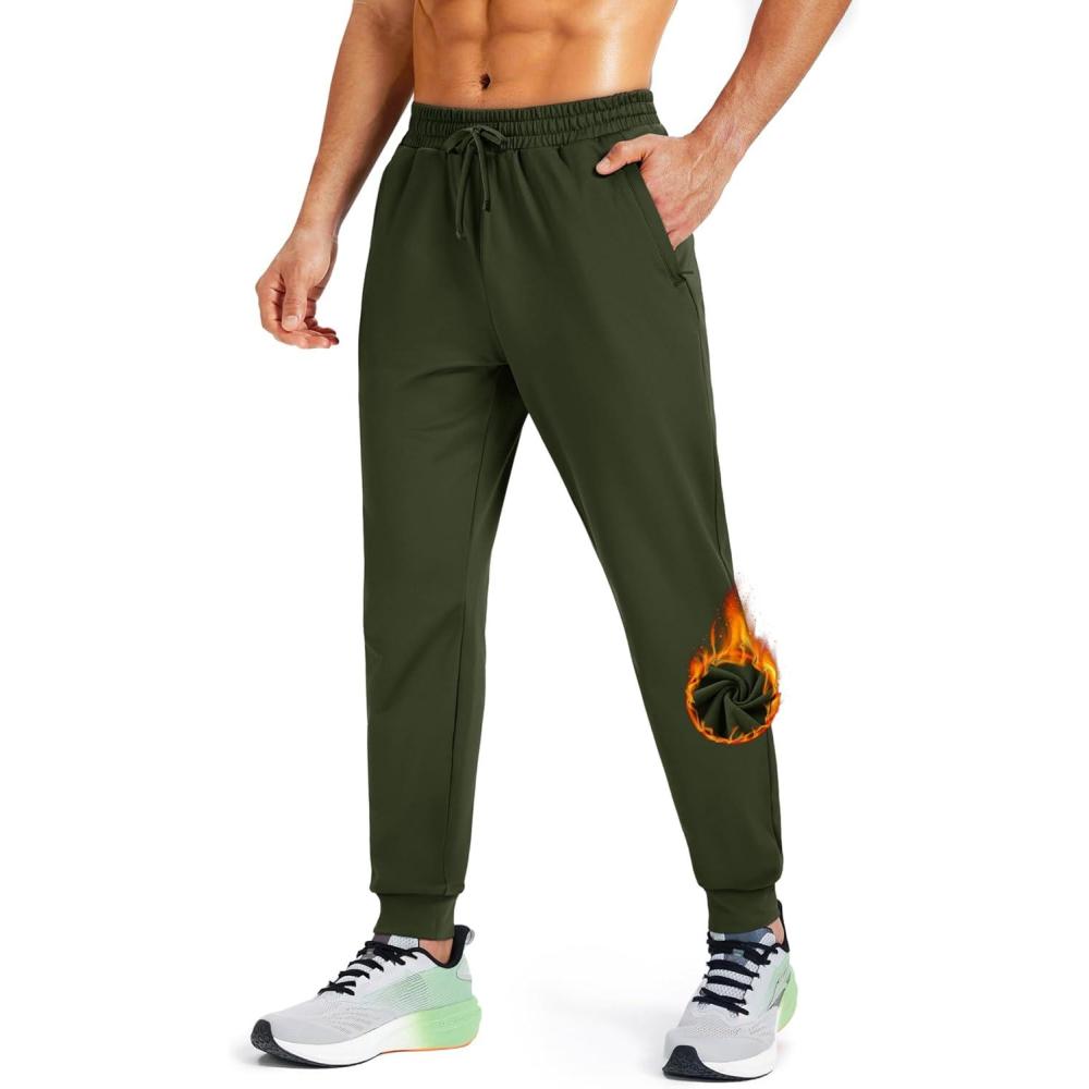 imageMAGCOMSEN Mens Fleece Joggers with Pockets Winter Warm Pants Workout Athletic Gym Sweatpants for MenArmy Green