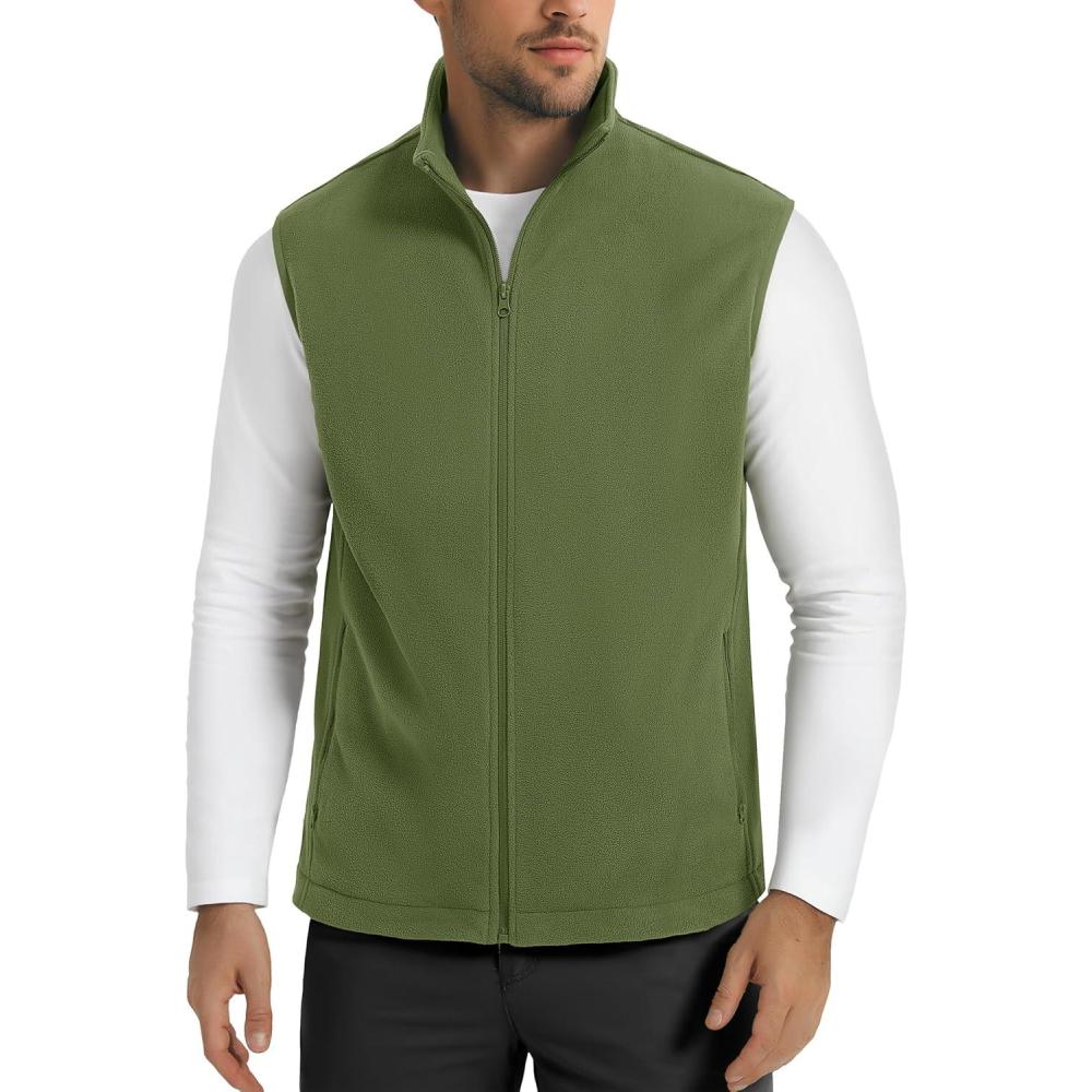 imageMAGCOMSEN Mens Fleece Vest Lightweight Zip Up Winter Vests Outerwear Warm Polar Sleeveless Jacket with Pockets Casual GolfArmy Green