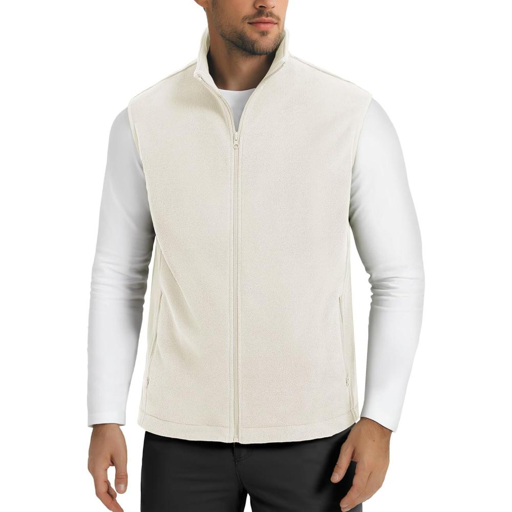 imageMAGCOMSEN Mens Fleece Vest Lightweight Zip Up Winter Vests Outerwear Warm Polar Sleeveless Jacket with Pockets Casual GolfBeige