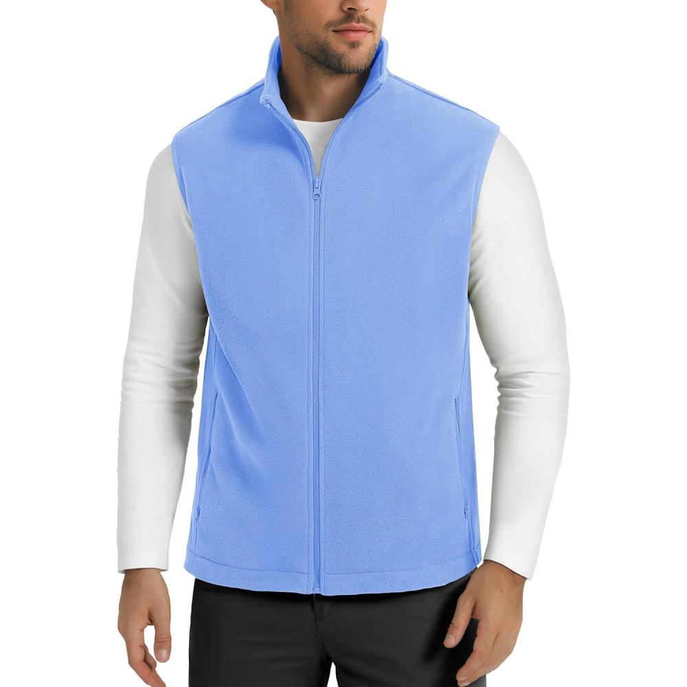 imageMAGCOMSEN Mens Fleece Vest Lightweight Zip Up Winter Vests Outerwear Warm Polar Sleeveless Jacket with Pockets Casual GolfLight Blue