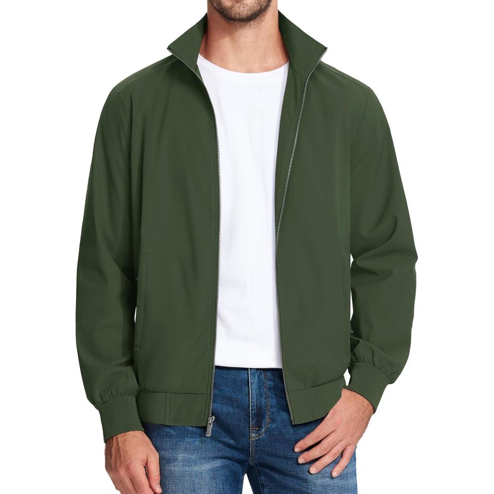 imageMAGCOMSEN Mens Lightweight Bomber Jacket Windproof Water Resistant Zip Up Coat Stand Up Collar Windbreaker with 3 PocketsArmy Green