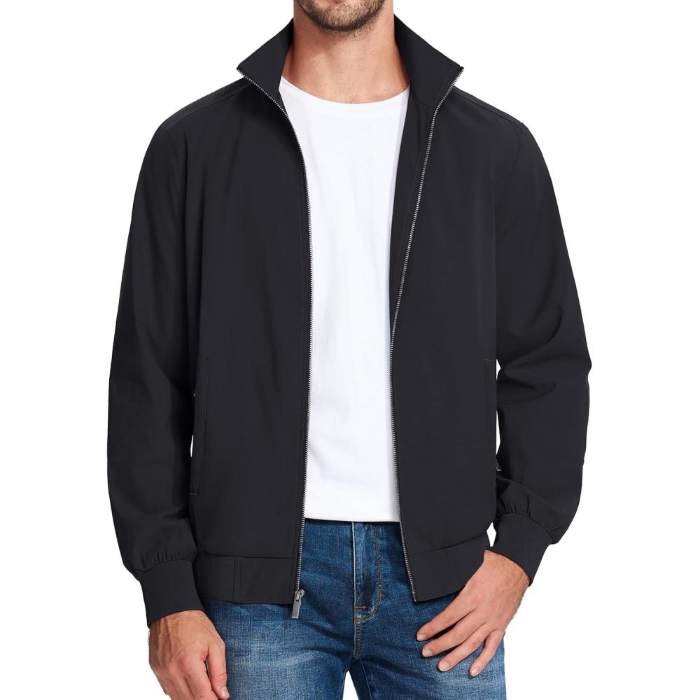 imageMAGCOMSEN Mens Lightweight Bomber Jacket Windproof Water Resistant Zip Up Coat Stand Up Collar Windbreaker with 3 PocketsBlack