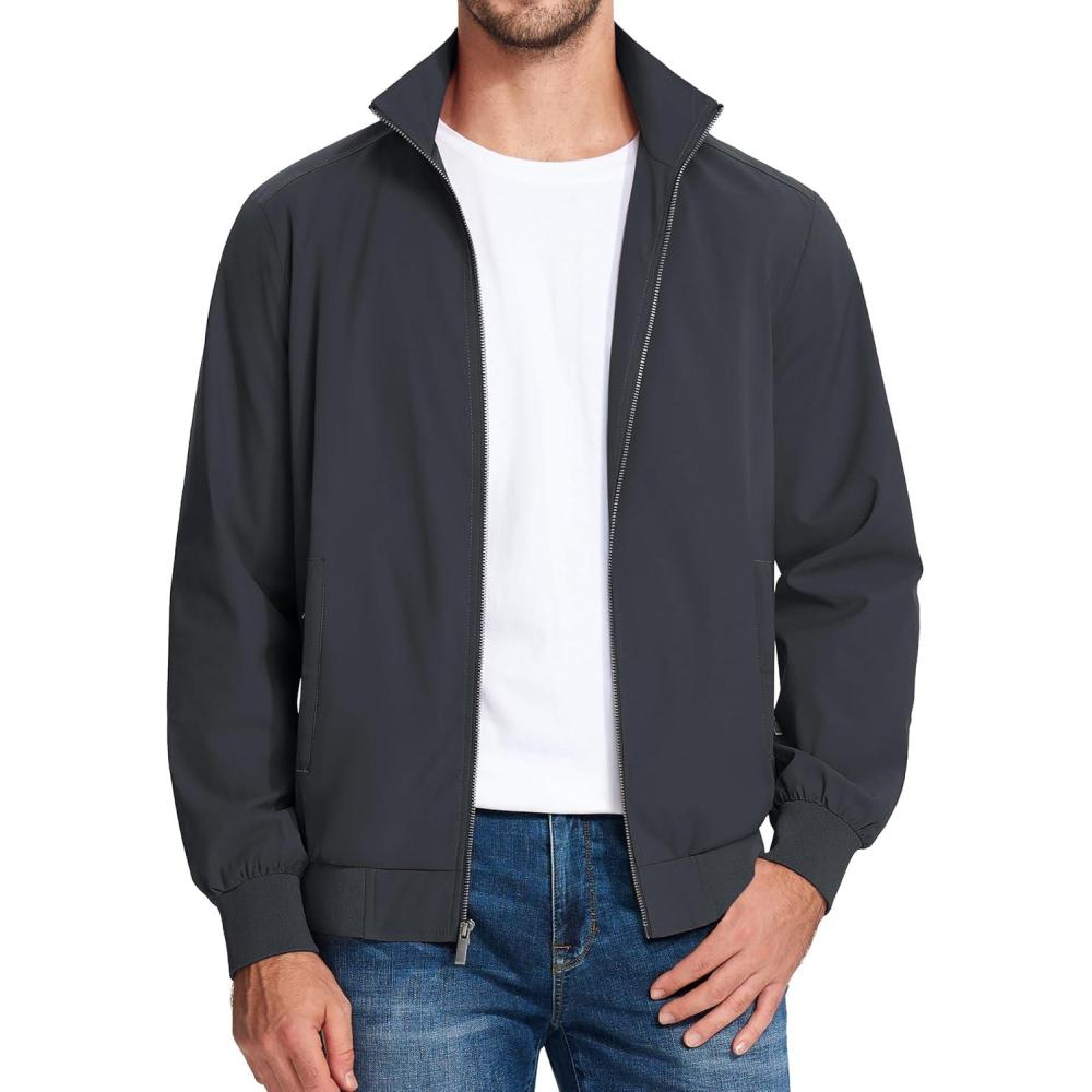 imageMAGCOMSEN Mens Lightweight Bomber Jacket Windproof Water Resistant Zip Up Coat Stand Up Collar Windbreaker with 3 PocketsDark Grey