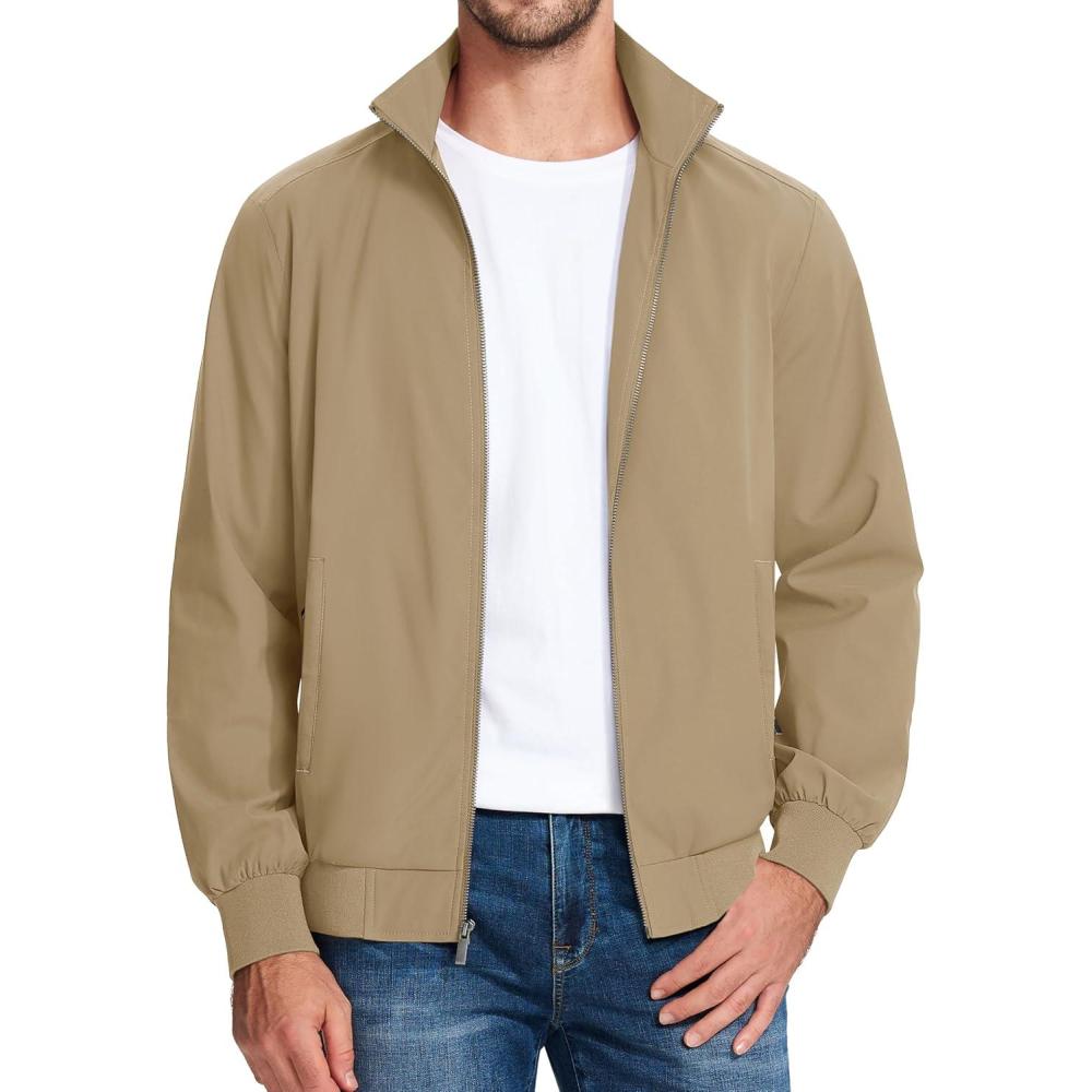 imageMAGCOMSEN Mens Lightweight Bomber Jacket Windproof Water Resistant Zip Up Coat Stand Up Collar Windbreaker with 3 PocketsKhaki