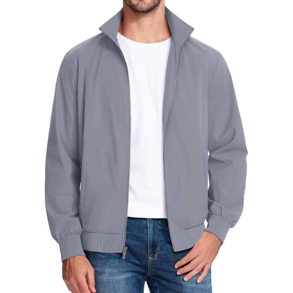 imageMAGCOMSEN Mens Lightweight Bomber Jacket Windproof Water Resistant Zip Up Coat Stand Up Collar Windbreaker with 3 PocketsLight Grey