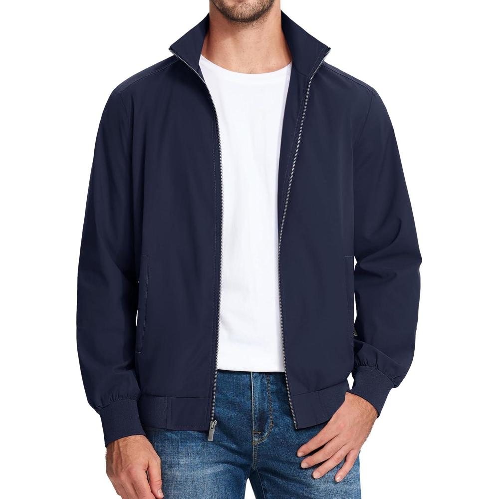 imageMAGCOMSEN Mens Lightweight Bomber Jacket Windproof Water Resistant Zip Up Coat Stand Up Collar Windbreaker with 3 PocketsNavy