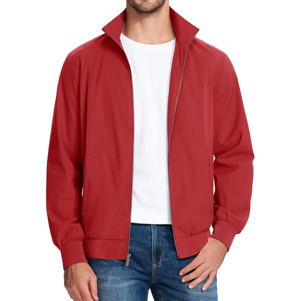 imageMAGCOMSEN Mens Lightweight Bomber Jacket Windproof Water Resistant Zip Up Coat Stand Up Collar Windbreaker with 3 PocketsOrange Red