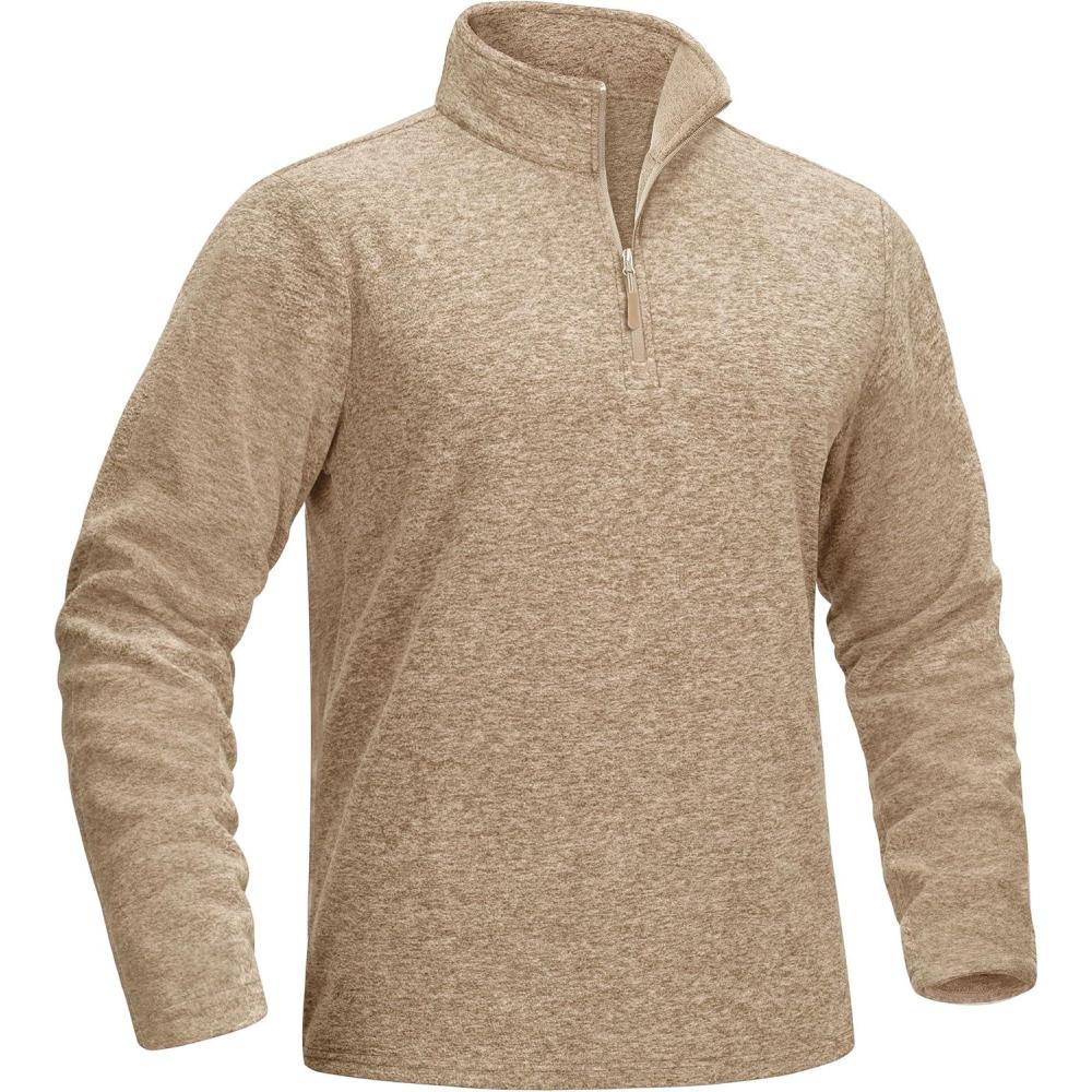 imageMAGCOMSEN Mens Shirts 14 Zip Fleece Pullover MidWeight Long Sleeve Sweatshirts Athletic ShirtsKhaki