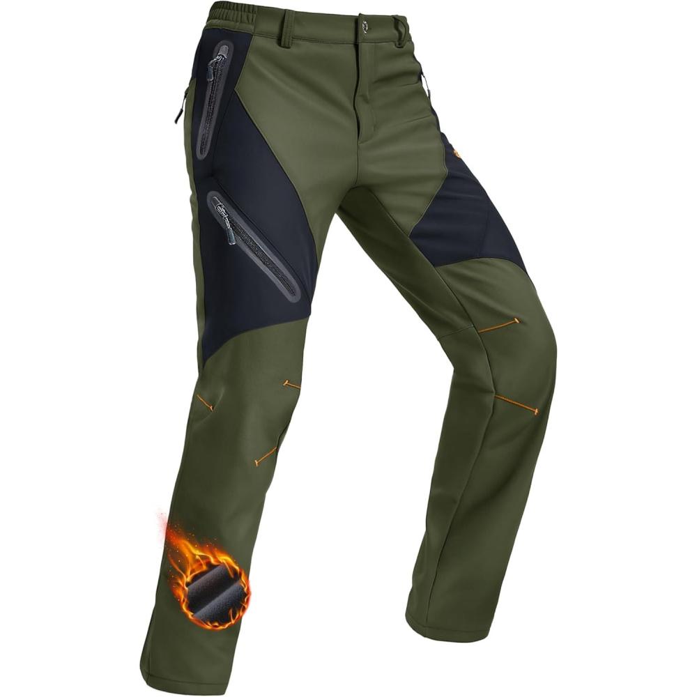 imageMAGCOMSEN Mens Snow Ski Pants Fleece Lined Water Resistant Winter Pants with 4 Zip Pockets for Snowboard Hiking OutdoorGreen