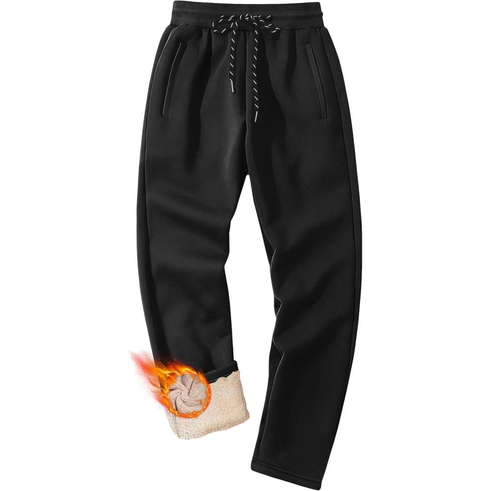 imageMAGCOMSEN Mens Winter Fleece Pants Sherpa Lined Sweatpants Thermal Warm Thicken Pants Active Joggers with 3 PocketsBlack