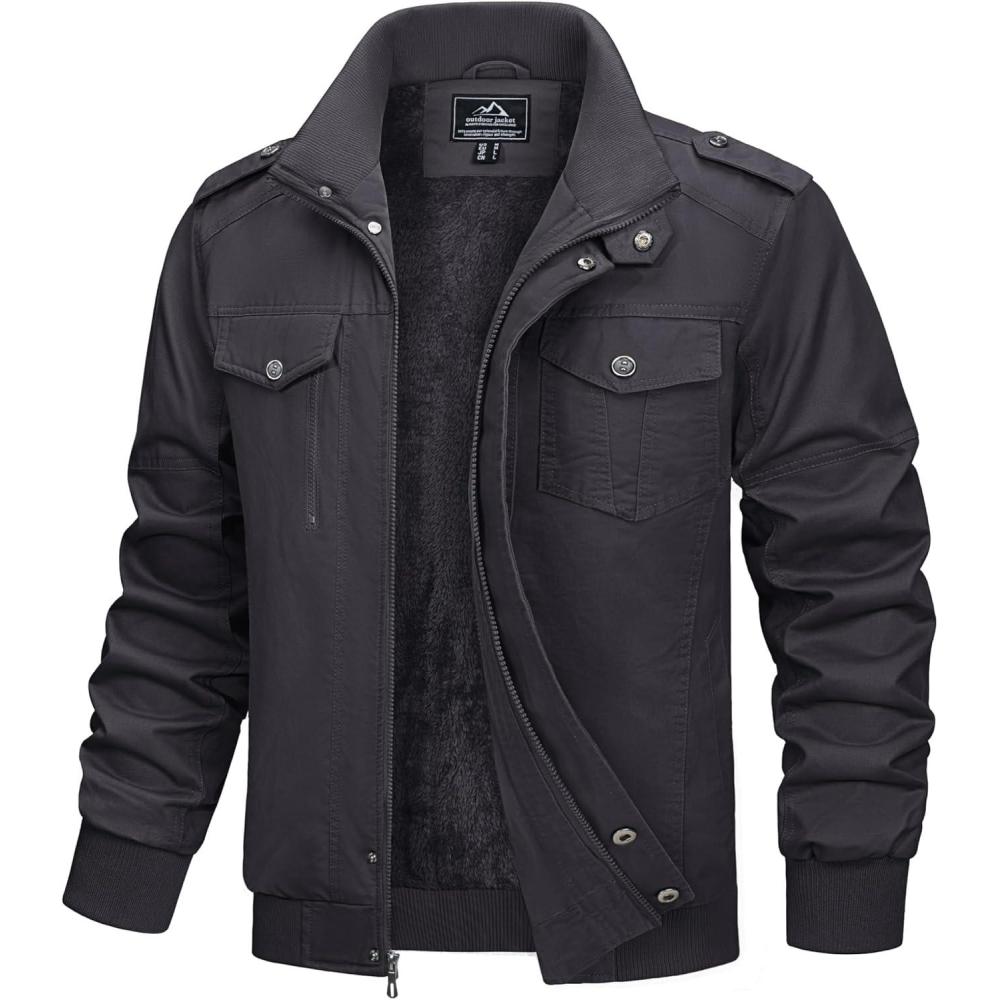 imageMAGCOMSEN Mens Winter Jacket Fleece Lined Work Jackets Waxed Canvas Shirt Jackets Warm Sherpa Trucker Military JacketDark Grey