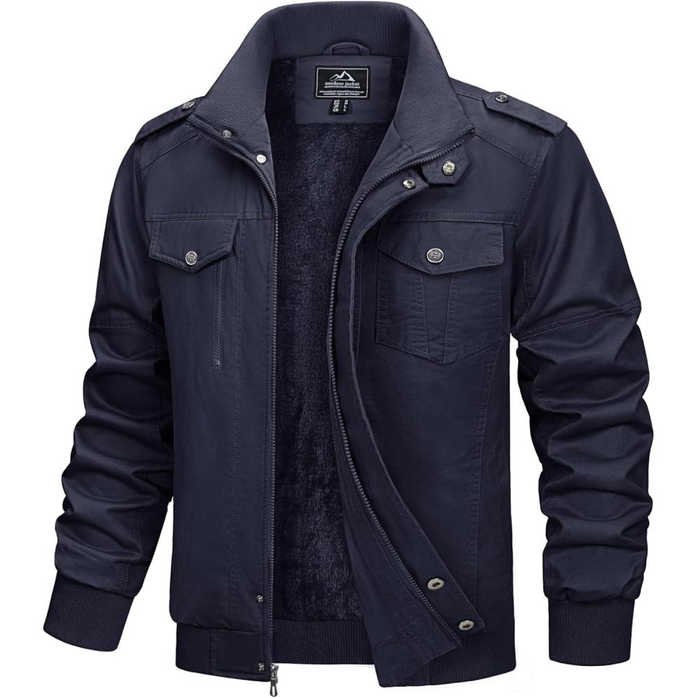 imageMAGCOMSEN Mens Winter Jacket Fleece Lined Work Jackets Waxed Canvas Shirt Jackets Warm Sherpa Trucker Military JacketNavy Blue