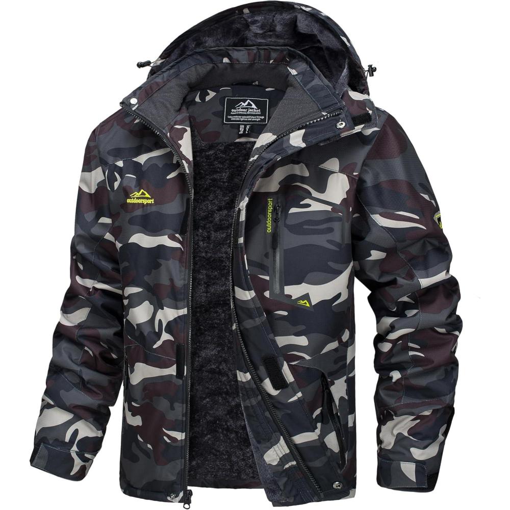 imageMAGCOMSEN Mens Winter Jacket Ski Snow Waterproof Fleece Coats Snowboard Warm Parka Raincoats with Hood 5 PocketsArmy Green Camo
