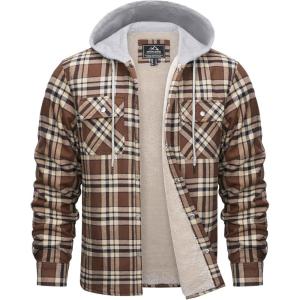 imageMAGCOMSEN Mens Flannel Jacket Fleece Lined Plaid Jacket Long Sleeve Sherpa Jacket Button Up Winter Jacket with Hood