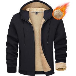 imageMAGCOMSEN Mens Fleece Hoodie Sherpa Jacket Full Zip Warm Fuzzy Windproof Winter Coats Hooded OutwearBlack