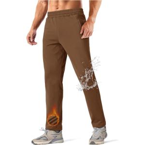 imageMAGCOMSEN Mens Fleece Lined Winter Warm Pants Water Resistant Workout Athletic Casual Sweatpants with 3 Zipper PocketsBrown