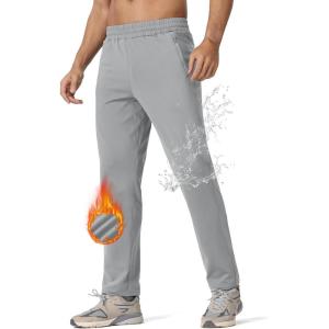 imageMAGCOMSEN Mens Fleece Lined Winter Warm Pants Water Resistant Workout Athletic Casual Sweatpants with 3 Zipper PocketsLight Grey