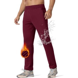 imageMAGCOMSEN Mens Fleece Lined Winter Warm Pants Water Resistant Workout Athletic Casual Sweatpants with 3 Zipper PocketsWine Red