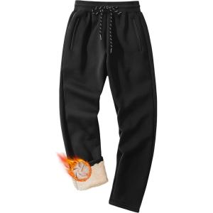 imageMAGCOMSEN Mens Winter Fleece Pants Sherpa Lined Sweatpants Thermal Warm Thicken Pants Active Joggers with 3 PocketsBlack