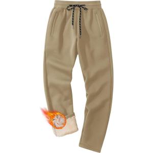 imageMAGCOMSEN Mens Winter Fleece Pants Sherpa Lined Sweatpants Thermal Warm Thicken Pants Active Joggers with 3 PocketsKhaki
