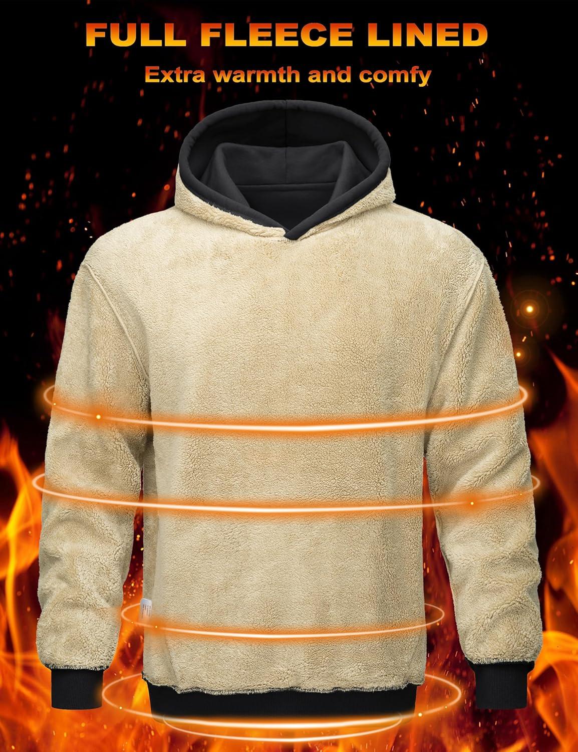 imageMAGCOMSEN Mens Hoodie Pullover Fleece Sweatshirts Heavyweight Sherpa Lined Thick Warm Winter Hoodies with Kangaroo PocketBlack