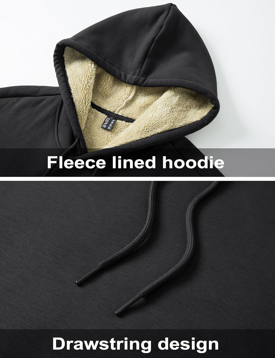 imageMAGCOMSEN Mens Hoodie Pullover Fleece Sweatshirts Heavyweight Sherpa Lined Thick Warm Winter Hoodies with Kangaroo PocketBlack