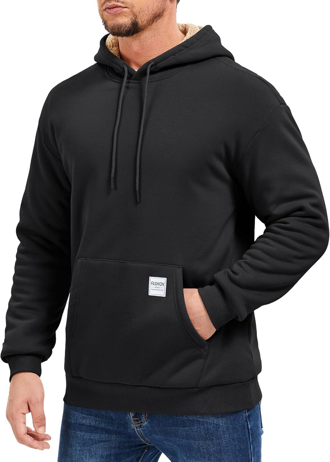 imageMAGCOMSEN Mens Hoodie Pullover Fleece Sweatshirts Heavyweight Sherpa Lined Thick Warm Winter Hoodies with Kangaroo PocketBlack