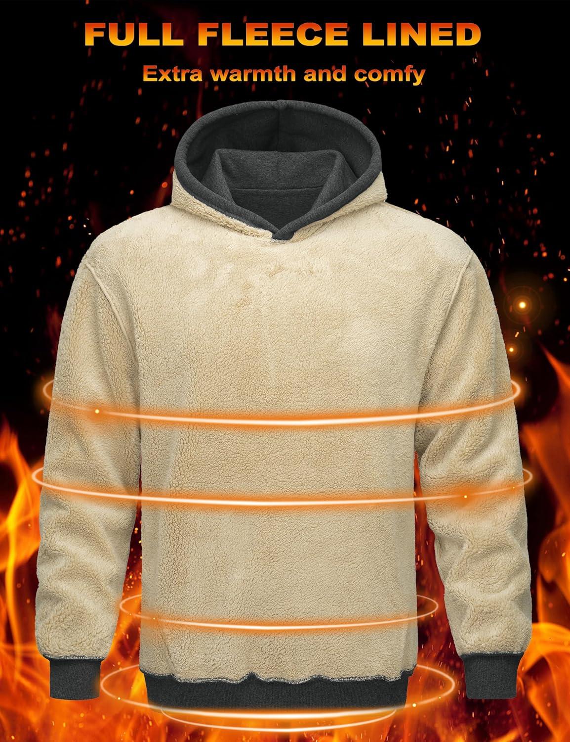 imageMAGCOMSEN Mens Hoodie Pullover Fleece Sweatshirts Heavyweight Sherpa Lined Thick Warm Winter Hoodies with Kangaroo PocketGray