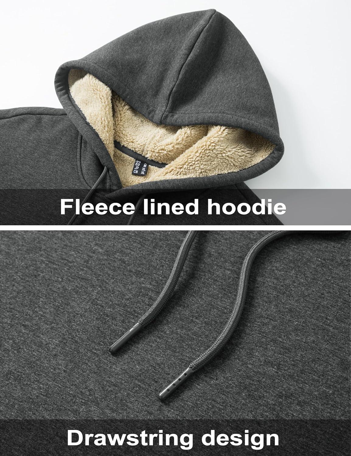 imageMAGCOMSEN Mens Hoodie Pullover Fleece Sweatshirts Heavyweight Sherpa Lined Thick Warm Winter Hoodies with Kangaroo PocketGray