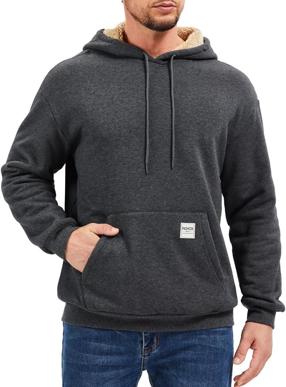 imageMAGCOMSEN Mens Hoodie Pullover Fleece Sweatshirts Heavyweight Sherpa Lined Thick Warm Winter Hoodies with Kangaroo PocketGray