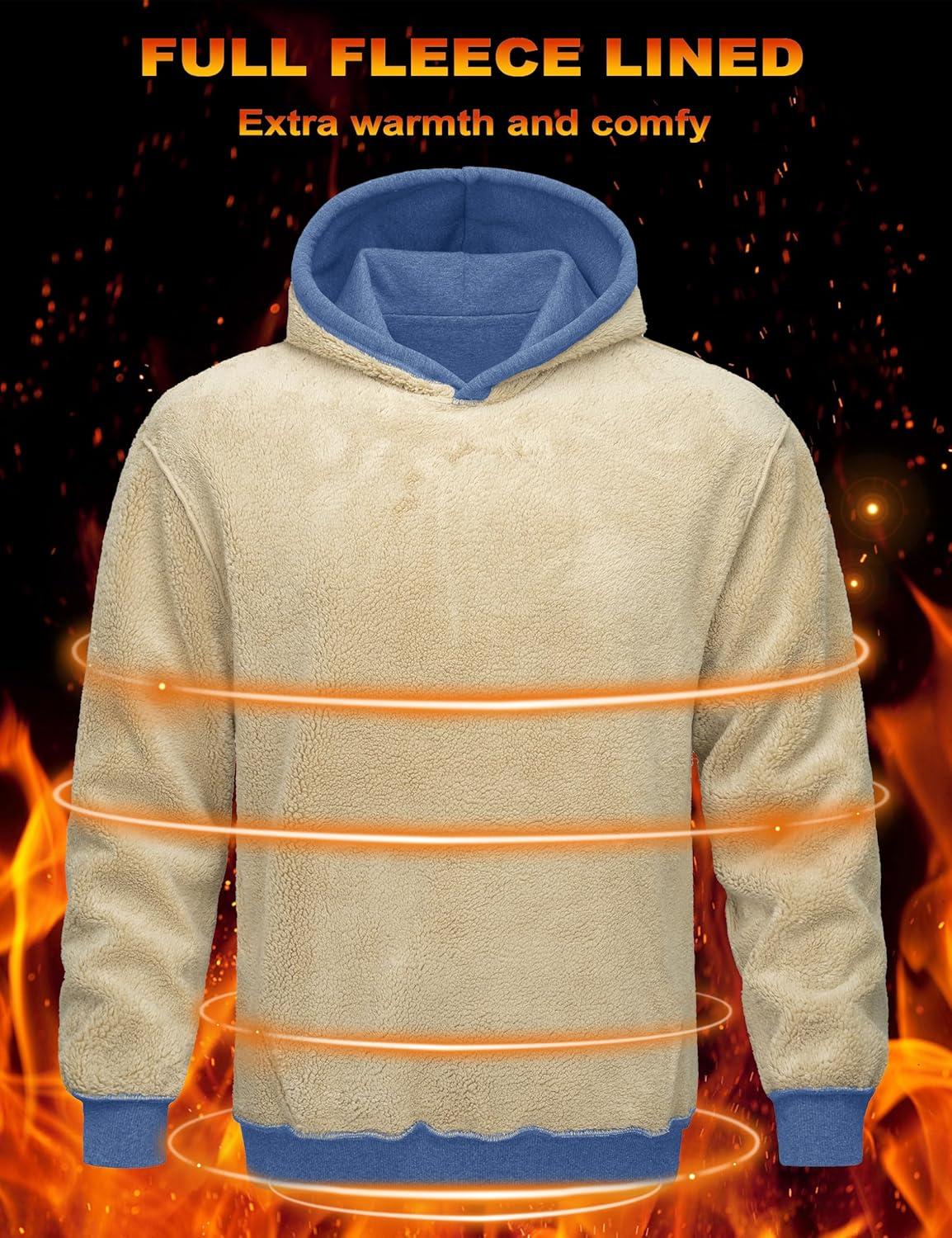 imageMAGCOMSEN Mens Hoodie Pullover Fleece Sweatshirts Heavyweight Sherpa Lined Thick Warm Winter Hoodies with Kangaroo PocketGrey Blue