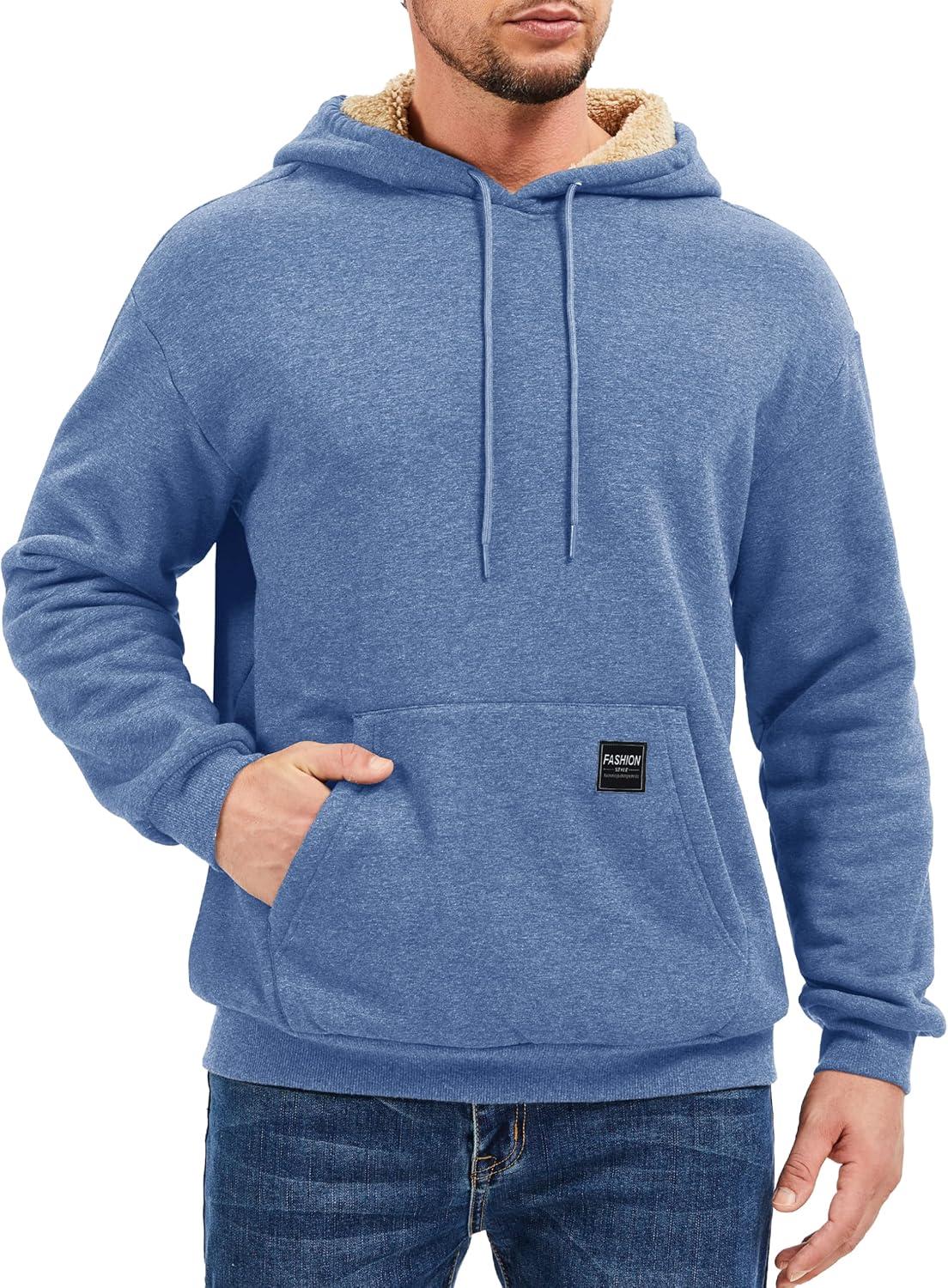 imageMAGCOMSEN Mens Hoodie Pullover Fleece Sweatshirts Heavyweight Sherpa Lined Thick Warm Winter Hoodies with Kangaroo PocketGrey Blue