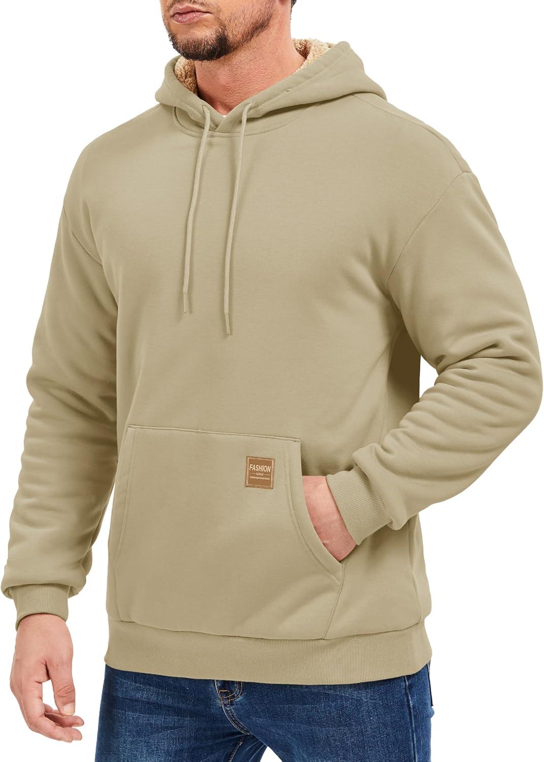 imageMAGCOMSEN Mens Hoodie Pullover Fleece Sweatshirts Heavyweight Sherpa Lined Thick Warm Winter Hoodies with Kangaroo PocketKhaki