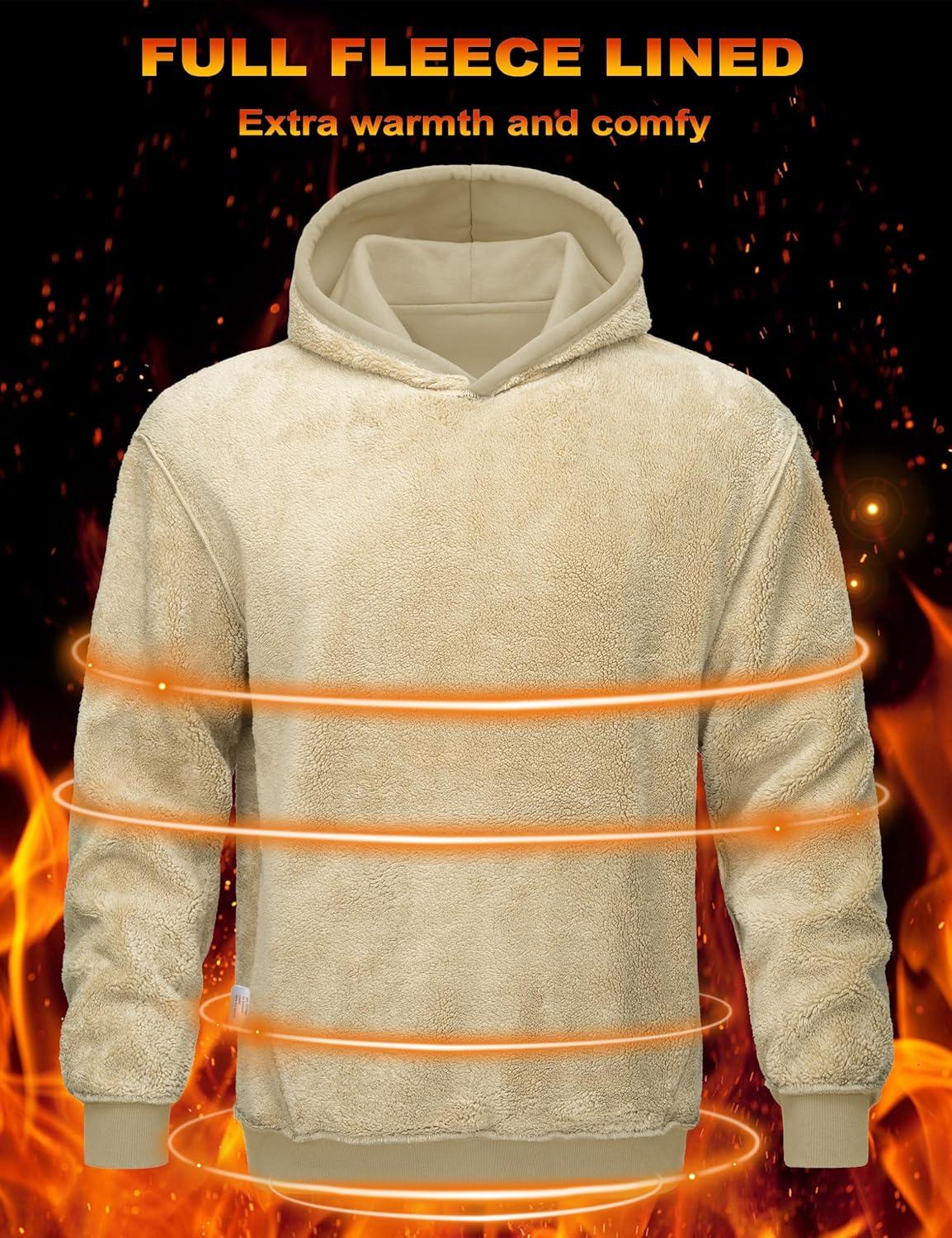 imageMAGCOMSEN Mens Hoodie Pullover Fleece Sweatshirts Heavyweight Sherpa Lined Thick Warm Winter Hoodies with Kangaroo PocketKhaki
