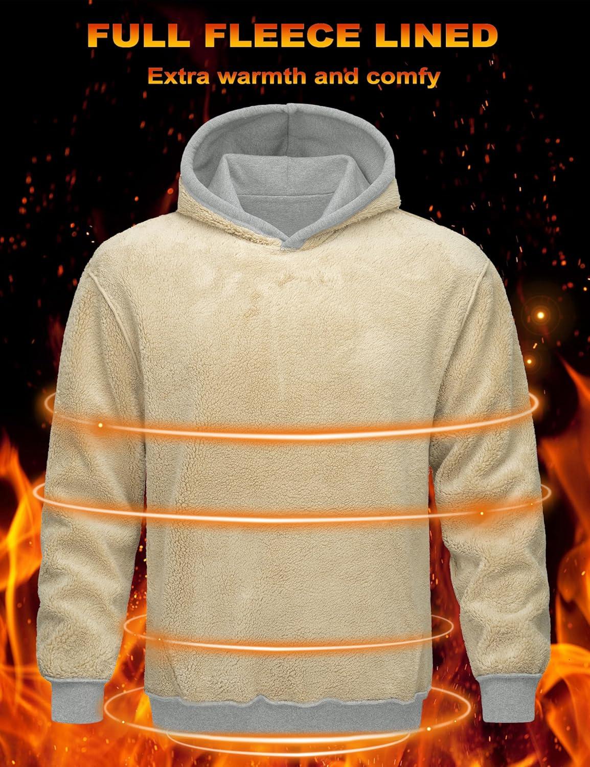 imageMAGCOMSEN Mens Hoodie Pullover Fleece Sweatshirts Heavyweight Sherpa Lined Thick Warm Winter Hoodies with Kangaroo PocketLight Gray