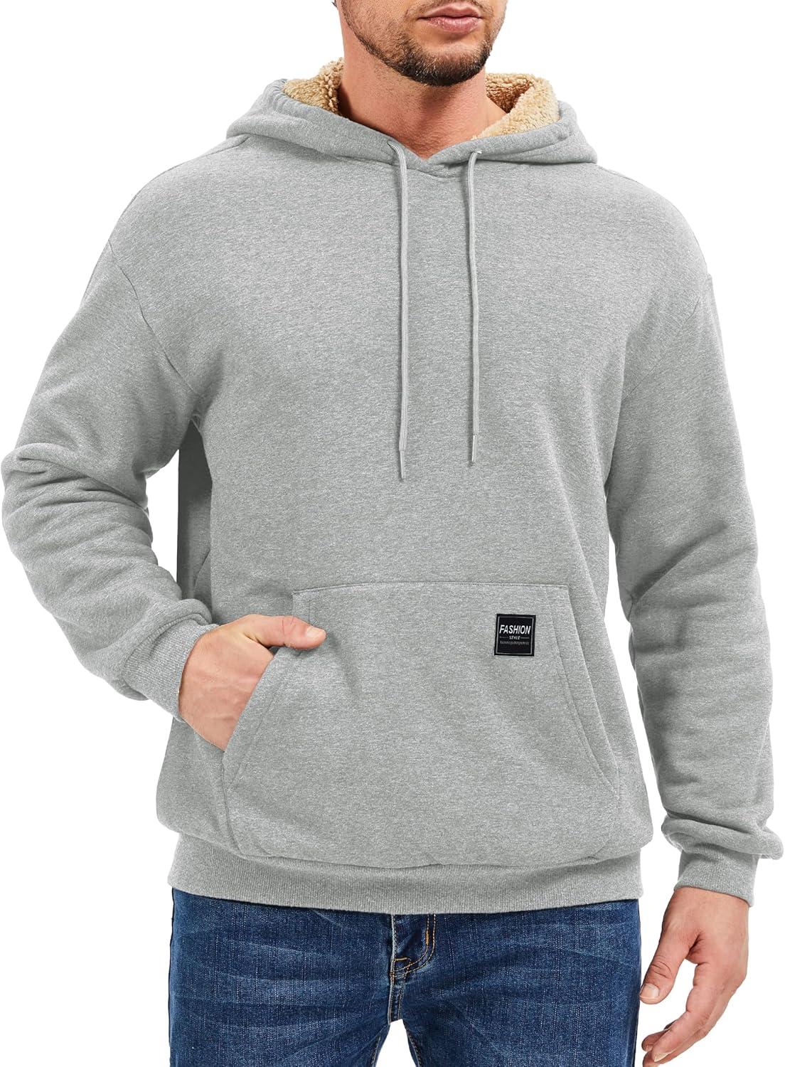 imageMAGCOMSEN Mens Hoodie Pullover Fleece Sweatshirts Heavyweight Sherpa Lined Thick Warm Winter Hoodies with Kangaroo PocketLight Gray
