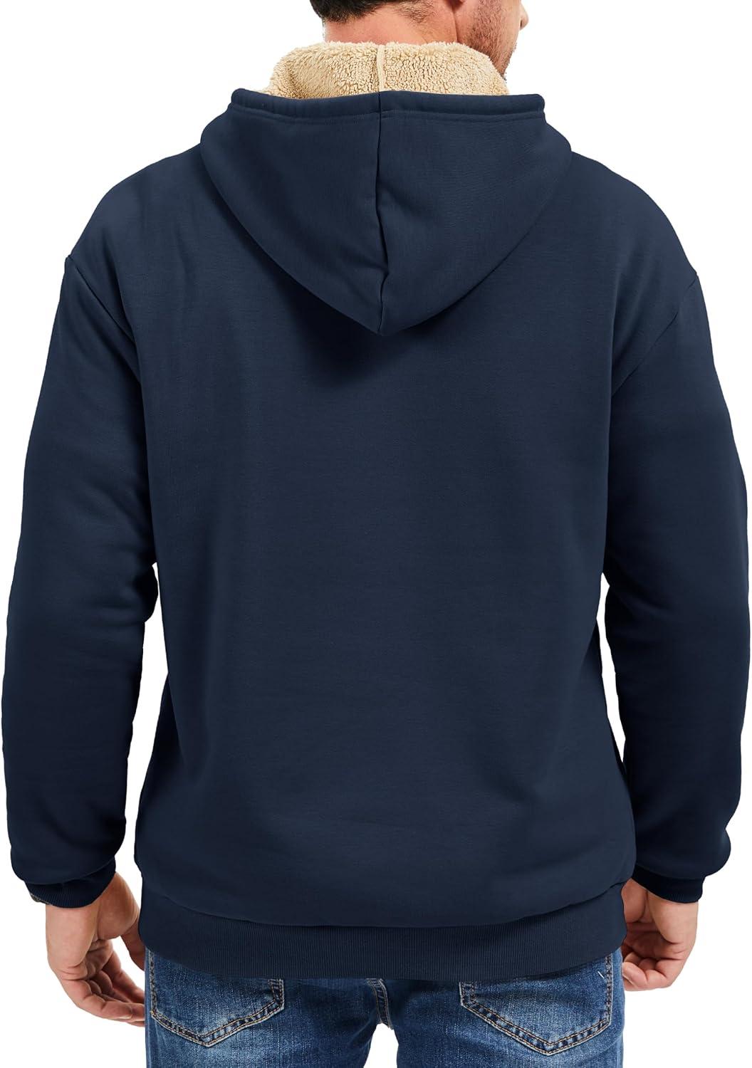 imageMAGCOMSEN Mens Hoodie Pullover Fleece Sweatshirts Heavyweight Sherpa Lined Thick Warm Winter Hoodies with Kangaroo PocketNavy