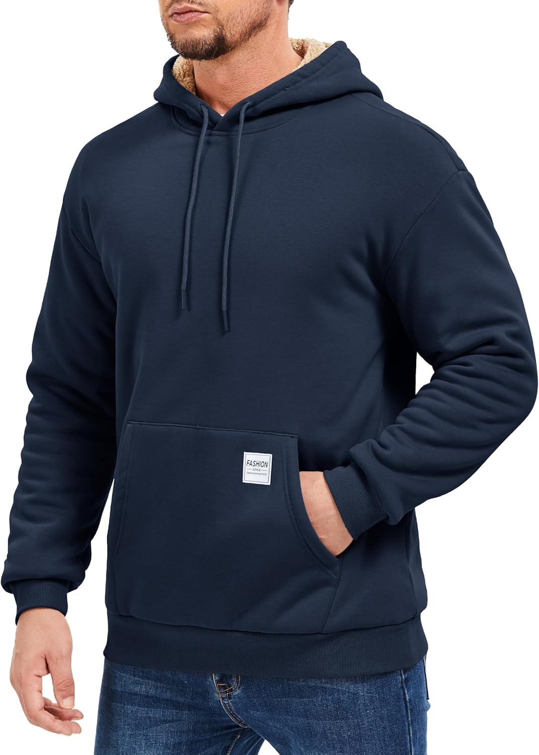 imageMAGCOMSEN Mens Hoodie Pullover Fleece Sweatshirts Heavyweight Sherpa Lined Thick Warm Winter Hoodies with Kangaroo PocketNavy