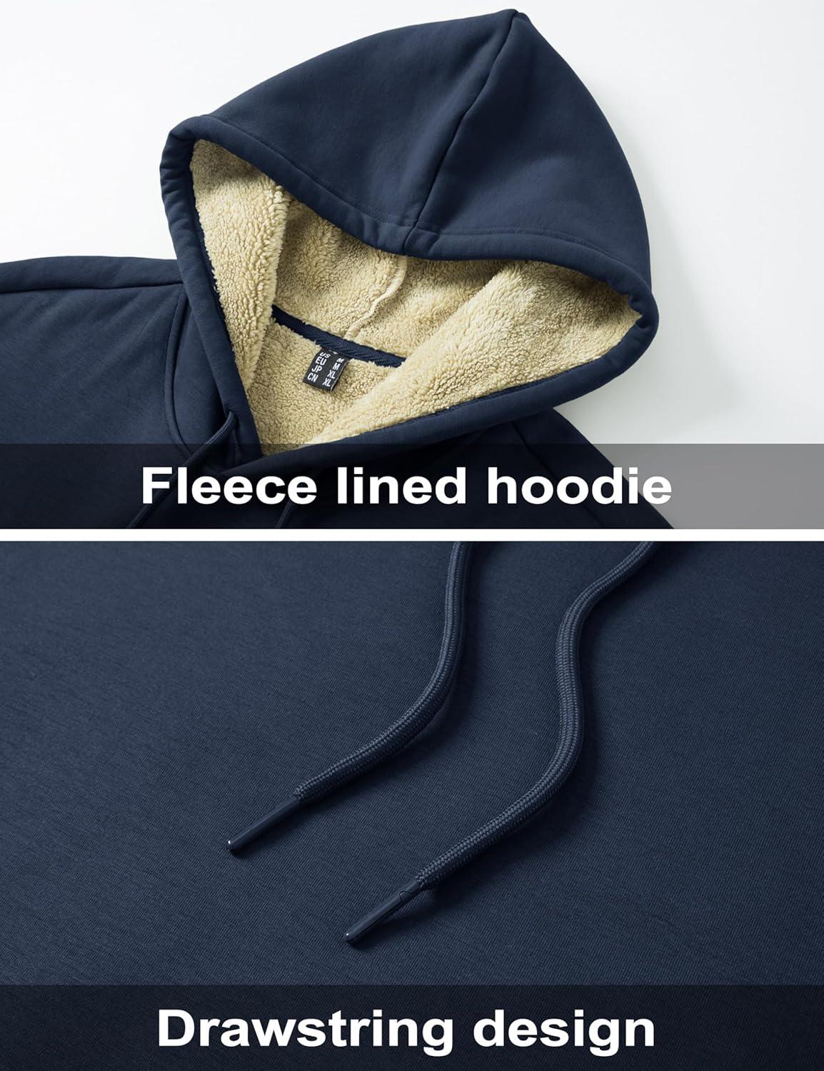imageMAGCOMSEN Mens Hoodie Pullover Fleece Sweatshirts Heavyweight Sherpa Lined Thick Warm Winter Hoodies with Kangaroo PocketNavy