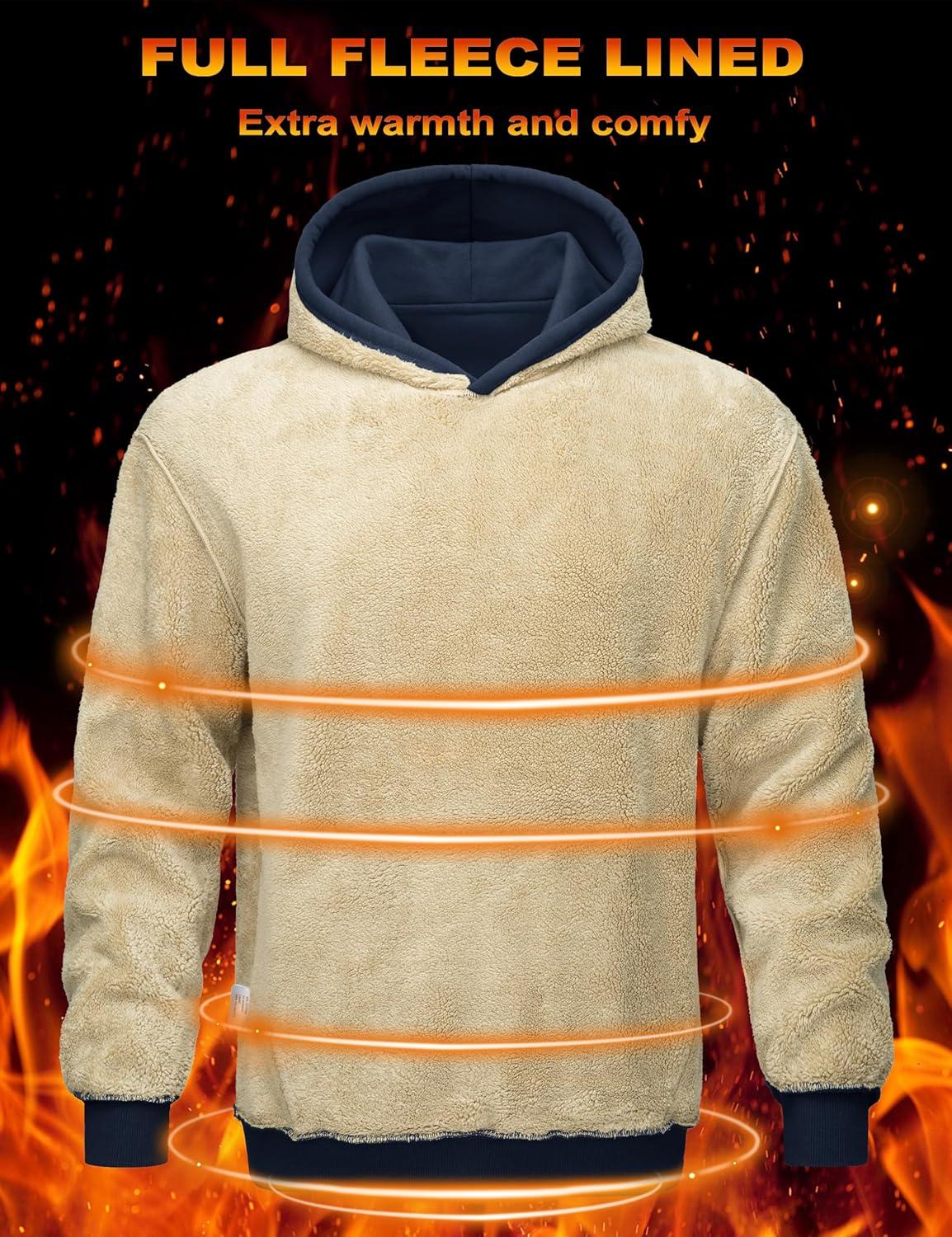 imageMAGCOMSEN Mens Hoodie Pullover Fleece Sweatshirts Heavyweight Sherpa Lined Thick Warm Winter Hoodies with Kangaroo PocketNavy