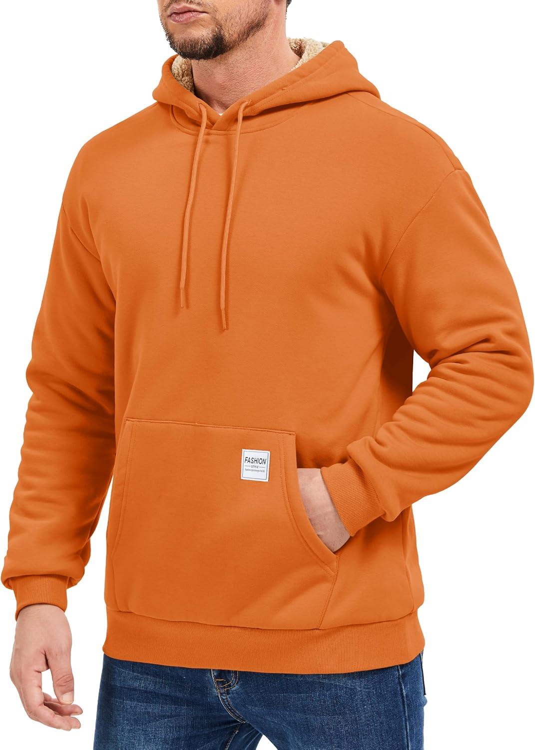 imageMAGCOMSEN Mens Hoodie Pullover Fleece Sweatshirts Heavyweight Sherpa Lined Thick Warm Winter Hoodies with Kangaroo PocketOrange