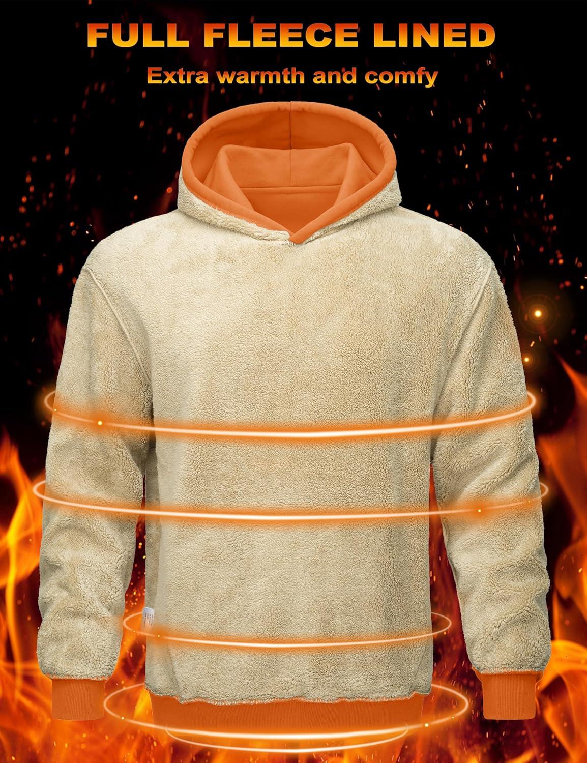 imageMAGCOMSEN Mens Hoodie Pullover Fleece Sweatshirts Heavyweight Sherpa Lined Thick Warm Winter Hoodies with Kangaroo PocketOrange