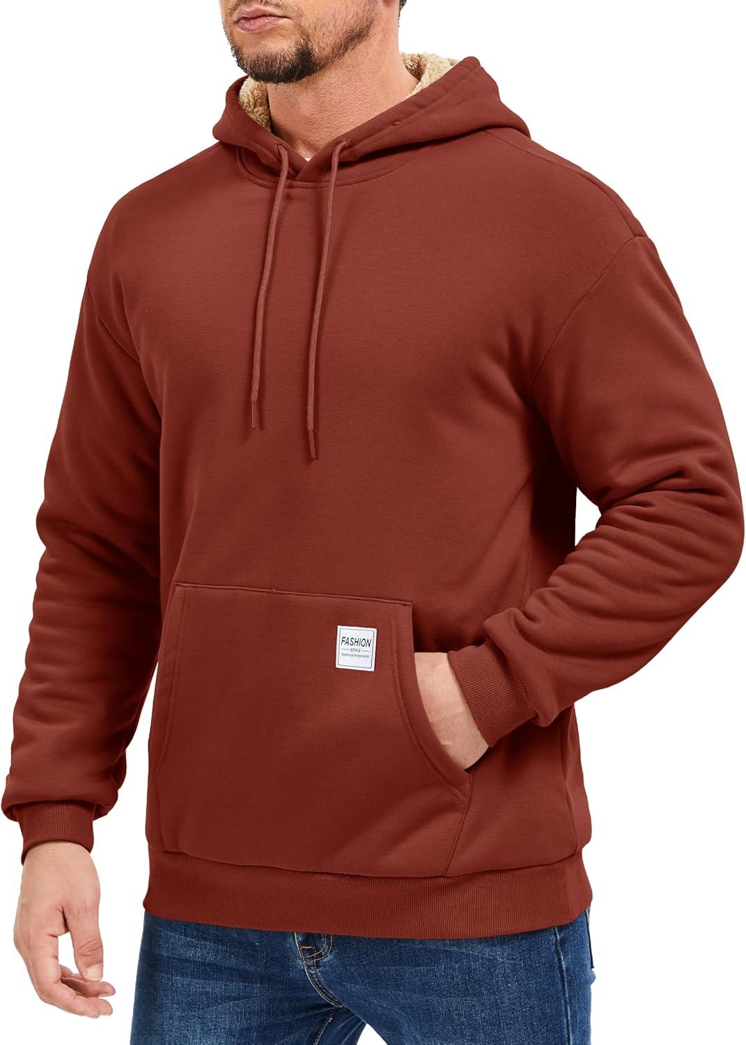 imageMAGCOMSEN Mens Hoodie Pullover Fleece Sweatshirts Heavyweight Sherpa Lined Thick Warm Winter Hoodies with Kangaroo PocketOrangered