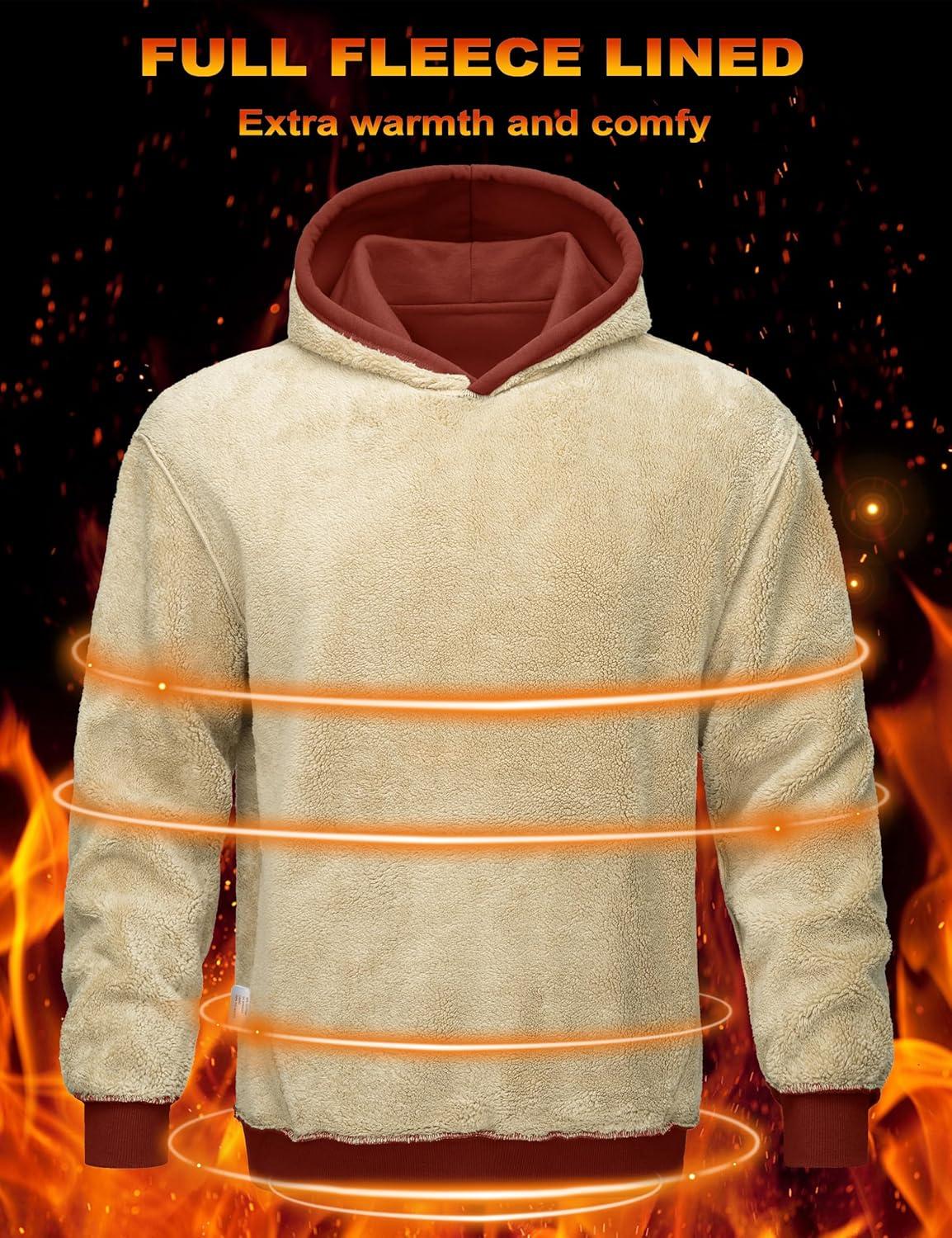 imageMAGCOMSEN Mens Hoodie Pullover Fleece Sweatshirts Heavyweight Sherpa Lined Thick Warm Winter Hoodies with Kangaroo PocketOrangered