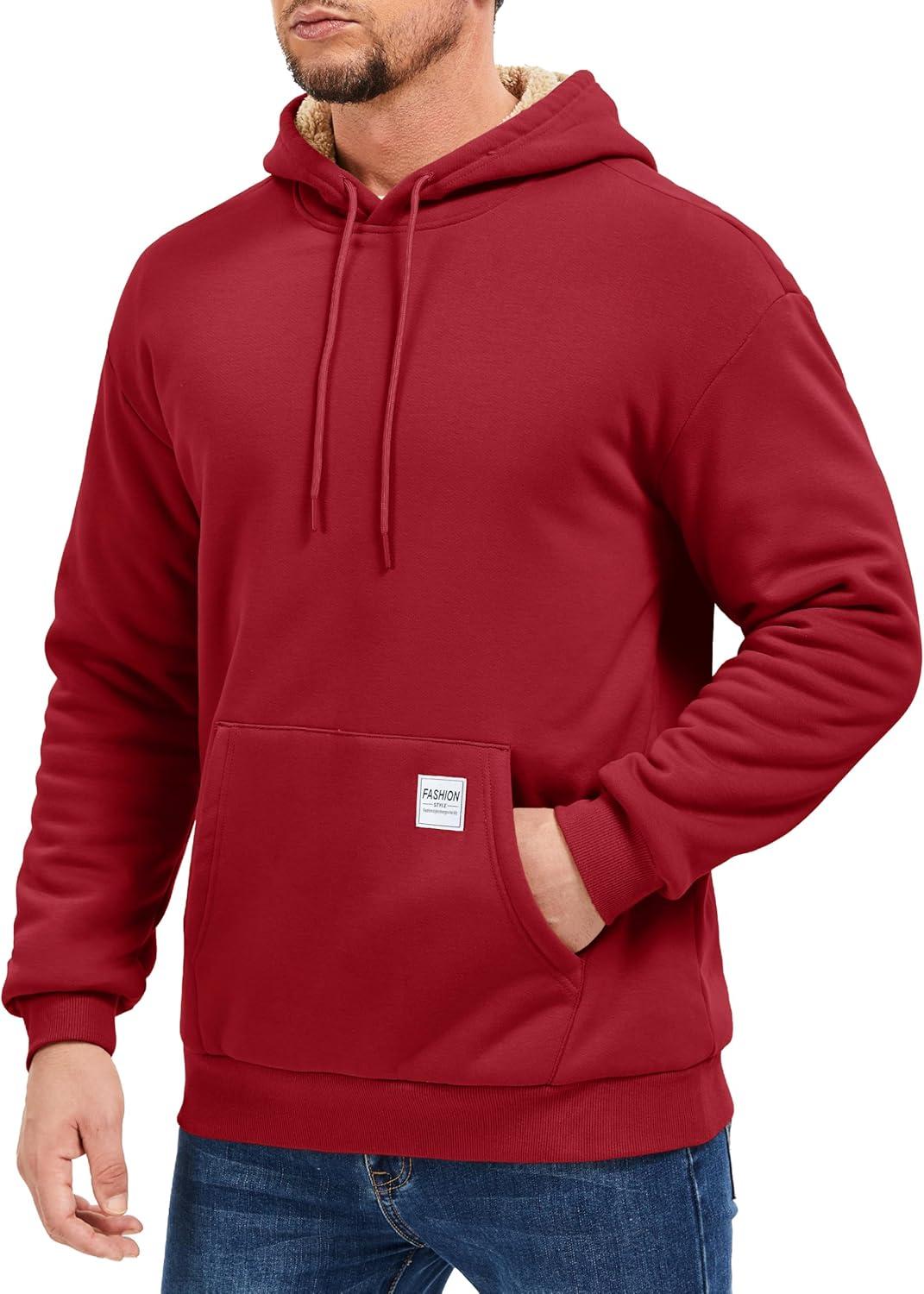 imageMAGCOMSEN Mens Hoodie Pullover Fleece Sweatshirts Heavyweight Sherpa Lined Thick Warm Winter Hoodies with Kangaroo PocketRed