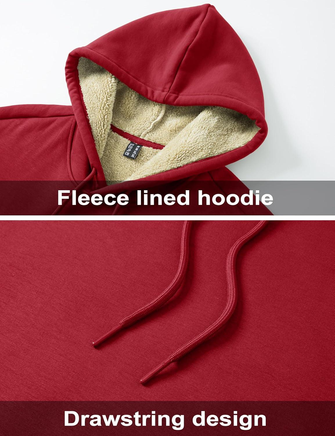 imageMAGCOMSEN Mens Hoodie Pullover Fleece Sweatshirts Heavyweight Sherpa Lined Thick Warm Winter Hoodies with Kangaroo PocketRed